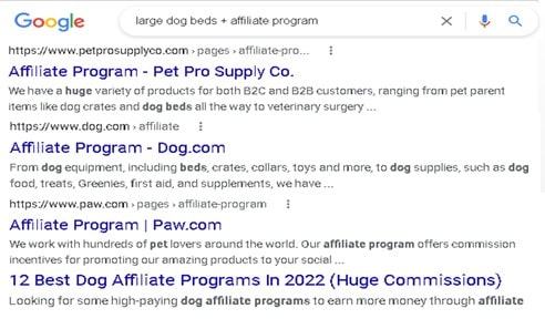 Google Search For Affiliate Programs for Large Dog Beds